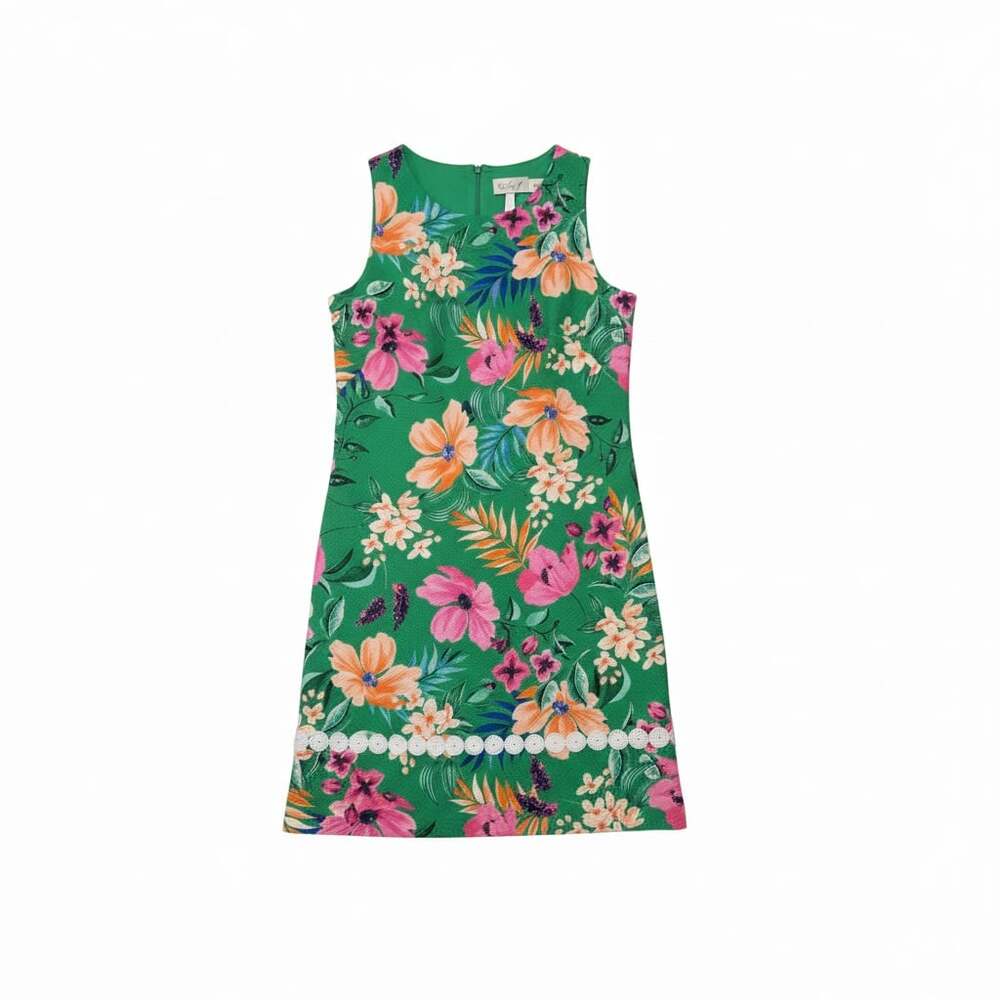 Eliza J Green Floral Sleeveless Shift Dress with White Lace Embroidery
